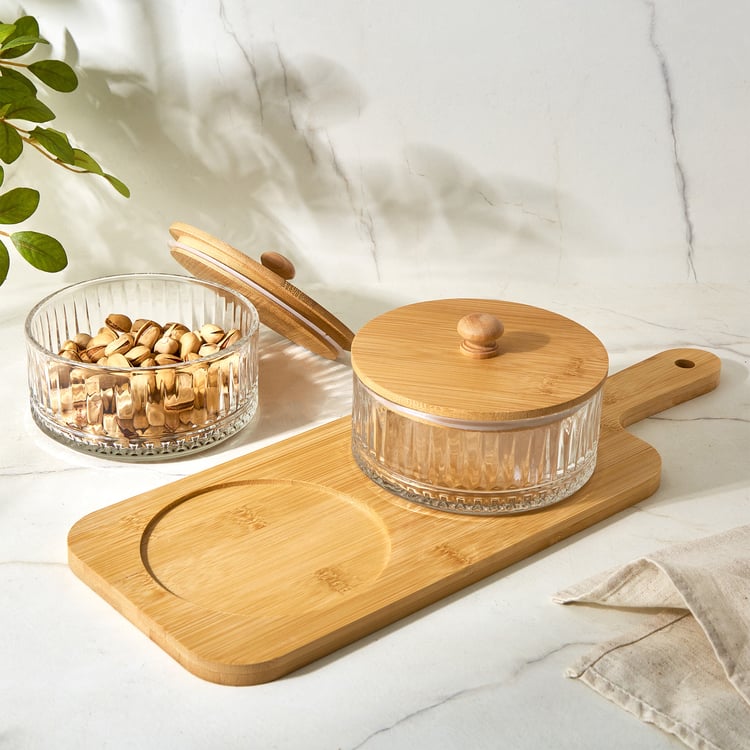 Vamos Louisa Set of 2 Glass Serveware Set with Bamboo Tray - 550ml