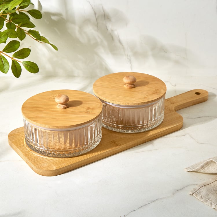 Vamos Louisa Set of 2 Glass Serveware Set with Bamboo Tray - 550ml