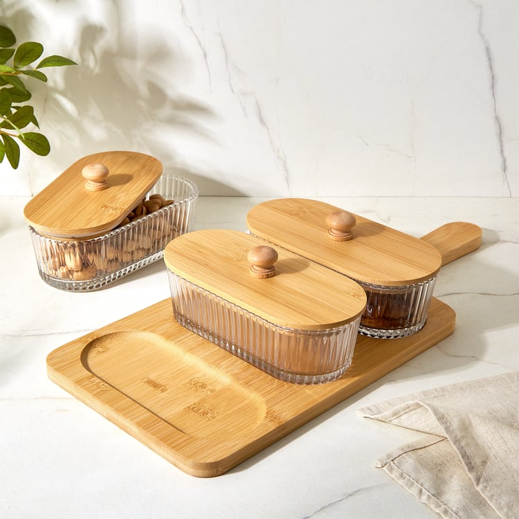 Vamos Louisa Set of 3 Glass Serveware Set with Bamboo Tray - 400ml