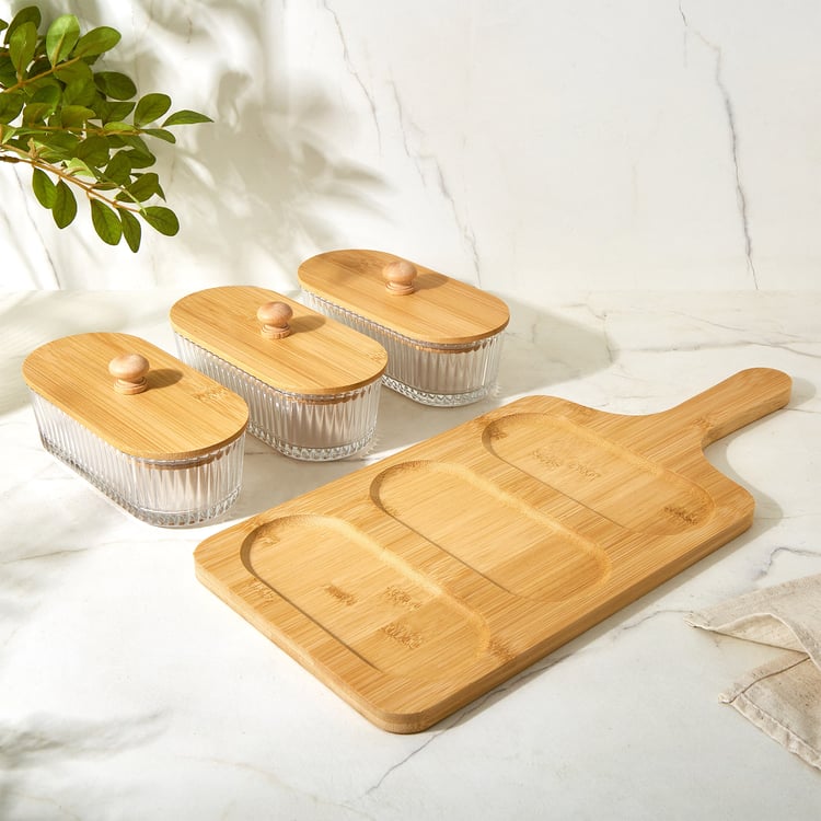 Vamos Louisa Set of 3 Glass Serveware Set with Bamboo Tray - 400ml
