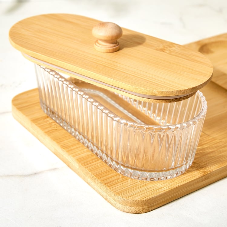 Vamos Louisa Set of 3 Glass Serveware Set with Bamboo Tray - 400ml