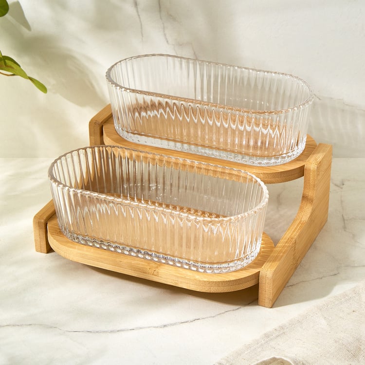 Vamos Louisa Set of 2 Glass Bowls with Bamboo Stand - 400ml