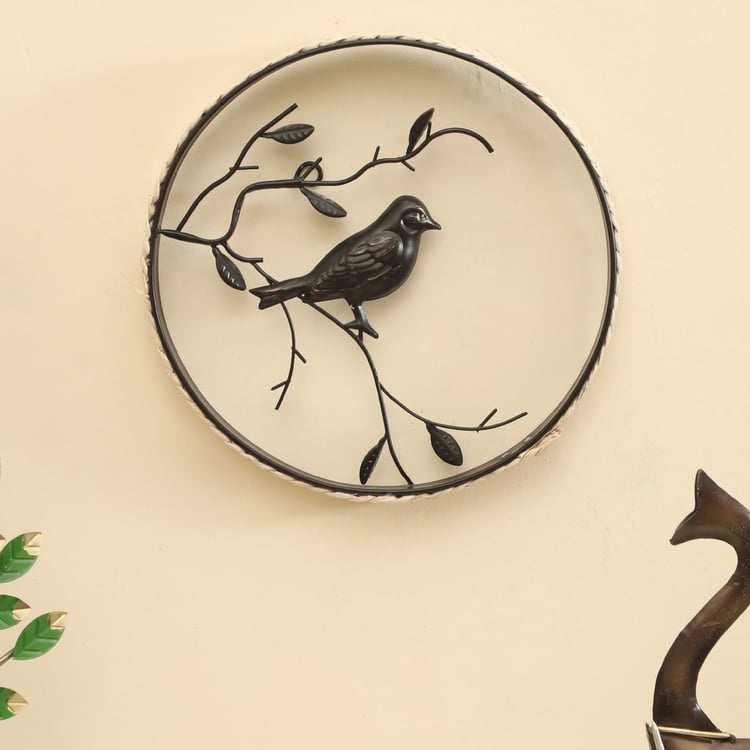 VEDAS Metal Watching Bird Wall Accent with Rattan Detail