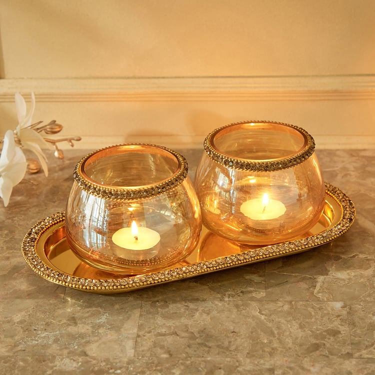 Fables Chrysallis Set of 2 Glass T-Light Holders with Tray