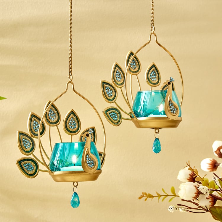 Mayur Azura Set of 2 Metal Hanging Peacock Votive Holders