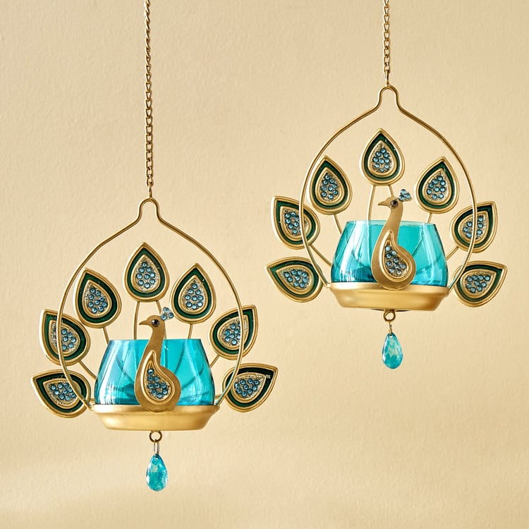 Mayur Azura Set of 2 Metal Hanging Peacock Votive Holders