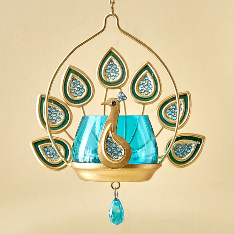 Mayur Azura Set of 2 Metal Hanging Peacock Votive Holders