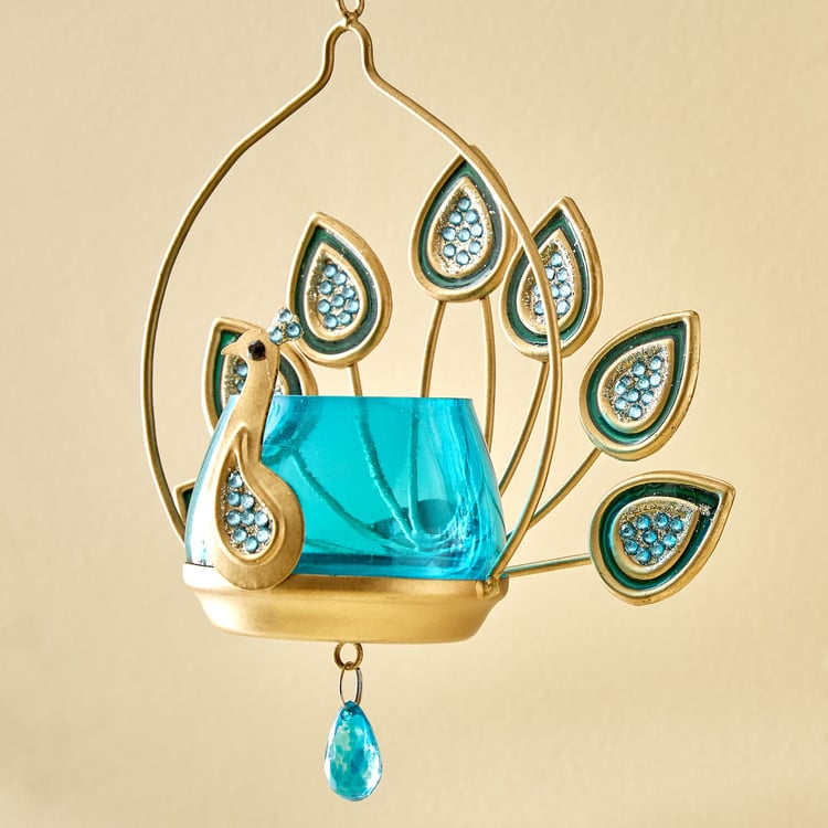 Mayur Azura Set of 2 Metal Hanging Peacock Votive Holders