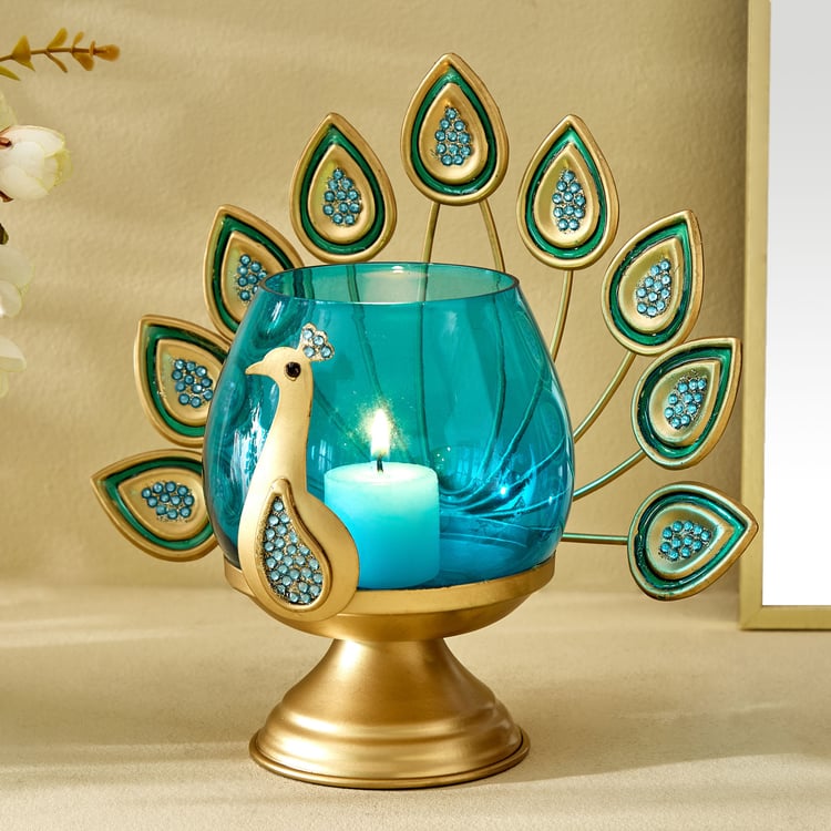 Mayur Azura Metal Peacock Votive Holder