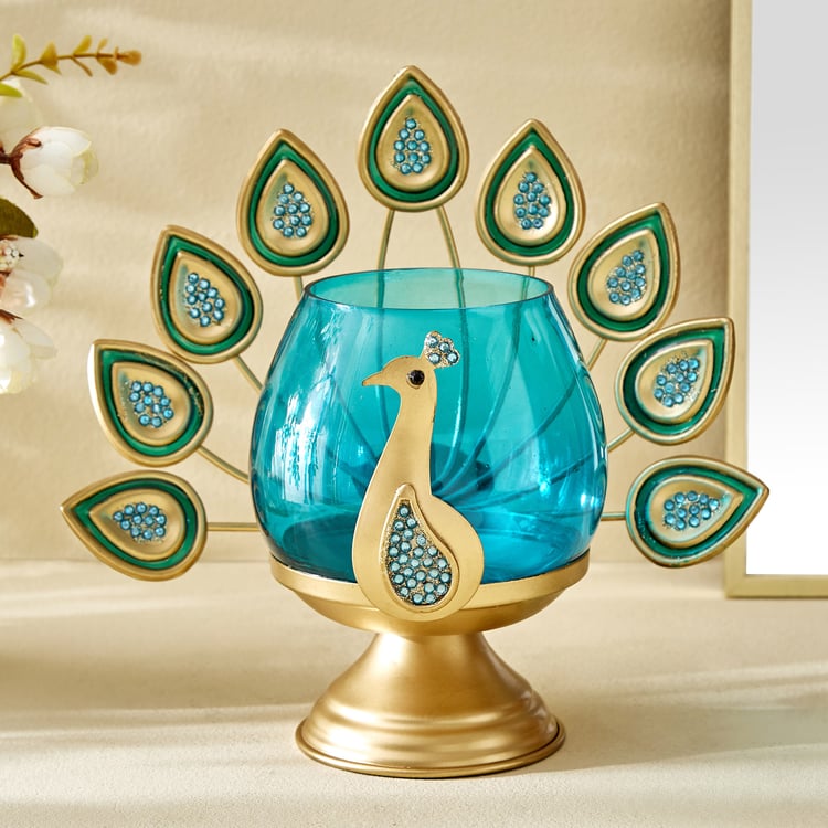 Mayur Azura Metal Peacock Votive Holder