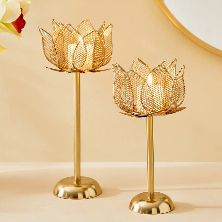 Majestic Lotus Set of 2 Metal Pedestal Candle Holders