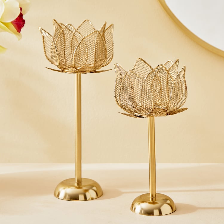 Majestic Lotus Set of 2 Metal Pedestal Candle Holders