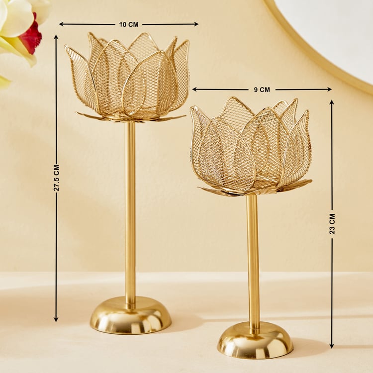 Majestic Lotus Set of 2 Metal Pedestal Candle Holders