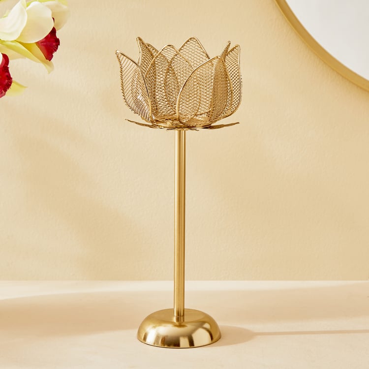 Majestic Lotus Set of 2 Metal Pedestal Candle Holders