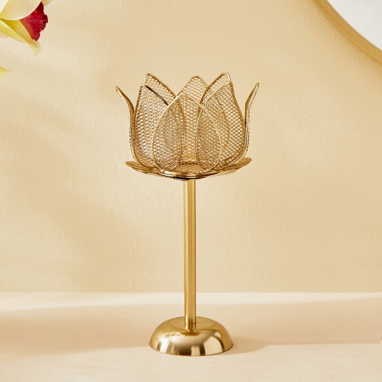 Majestic Lotus Set of 2 Metal Pedestal Candle Holders