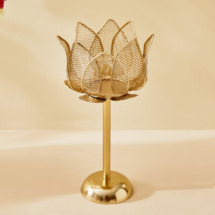 Majestic Lotus Set of 2 Metal Pedestal Candle Holders