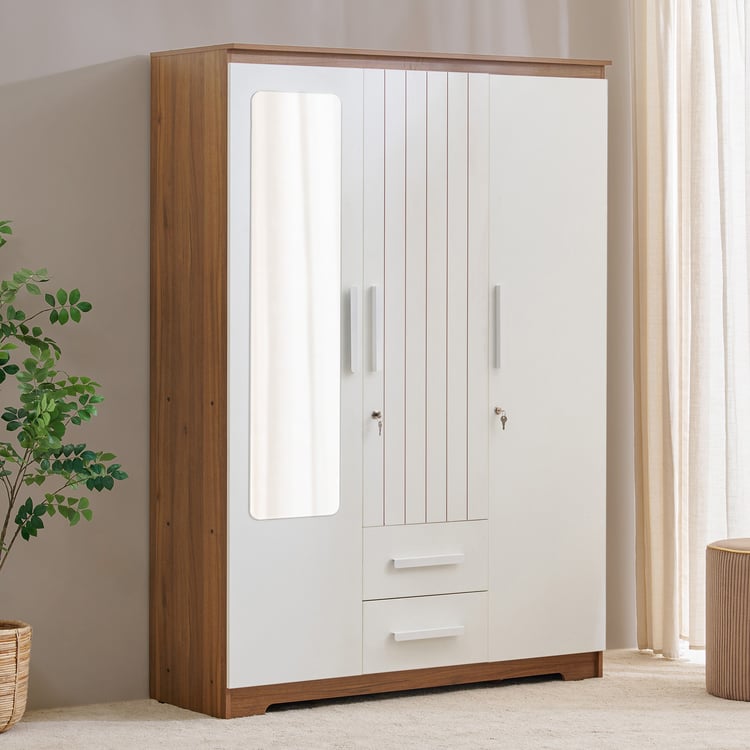 Helios Nolan 3-Door Wardrobe with Mirror and Drawers - Teak and White