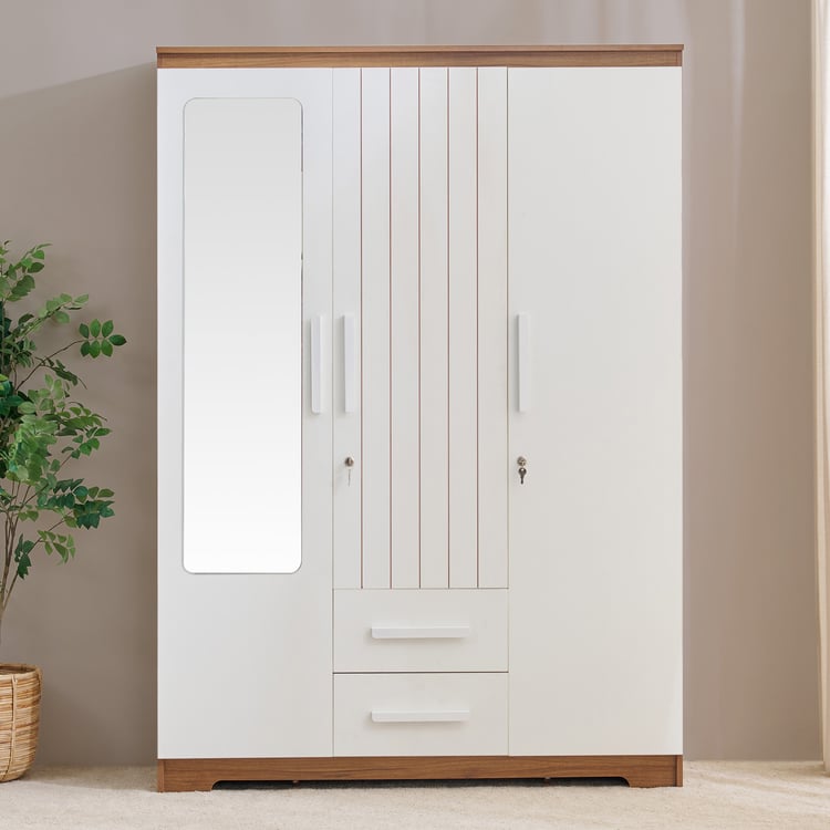 Helios Nolan 3-Door Wardrobe with Mirror and Drawers - Teak and White