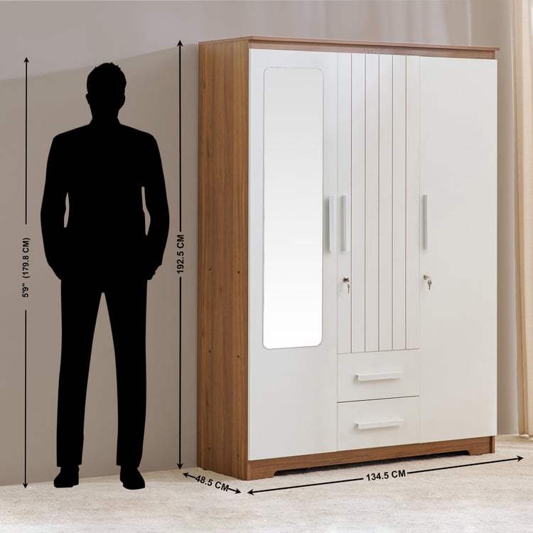 Helios Nolan 3-Door Wardrobe with Mirror and Drawers - Teak and White