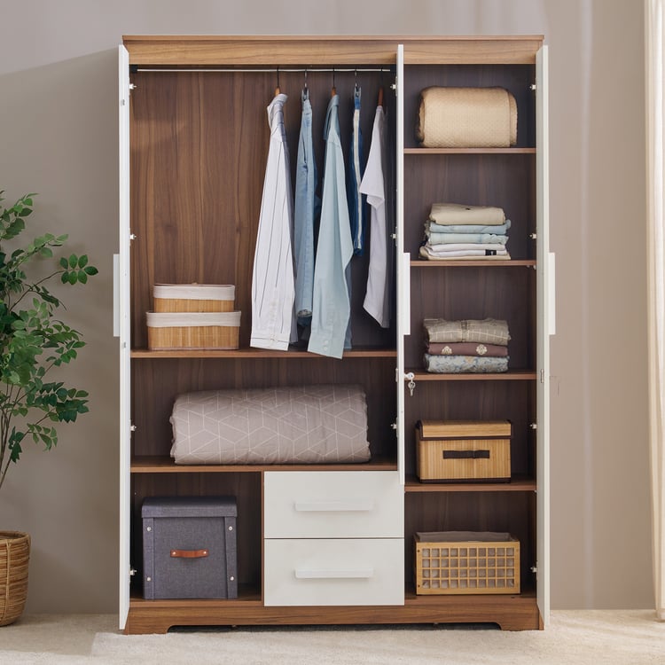 Helios Nolan 3-Door Wardrobe with Mirror and Drawers - Teak and White