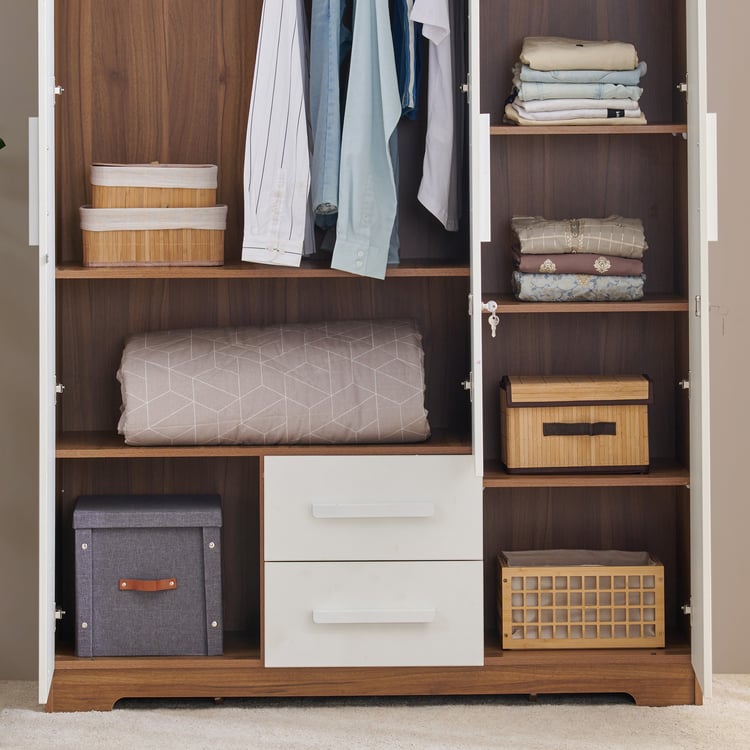 Helios Nolan 3-Door Wardrobe with Mirror and Drawers - Teak and White