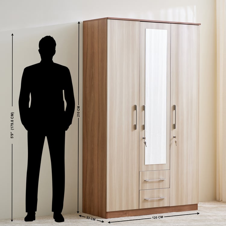 Samuel 3-Door Wardrobe with Mirror and Drawer - Brown