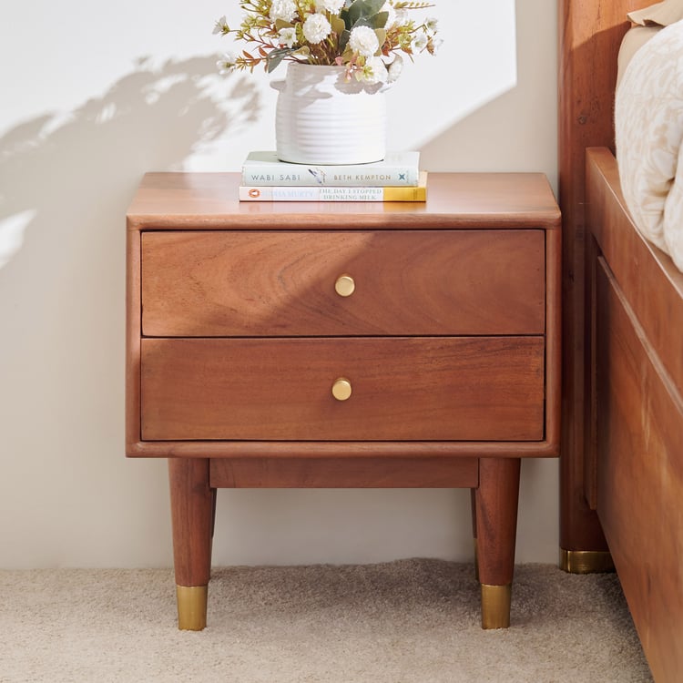 Amanda Acacia Wood Bedside Table with Drawers - Teak