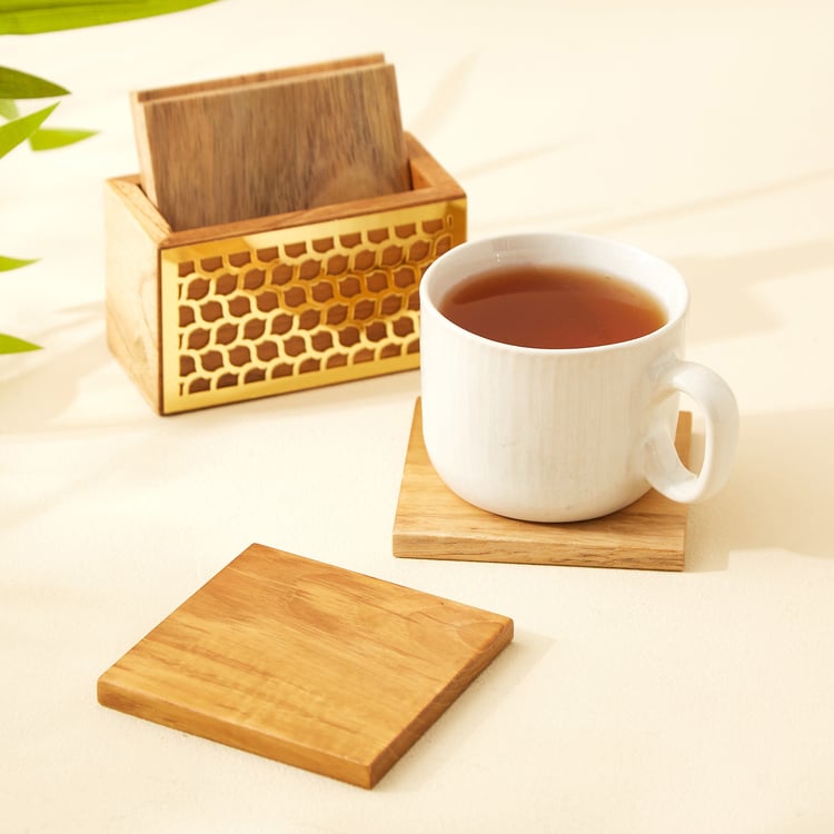 Haze Dietes 5Pcs Teak Wood Coasters with Holder