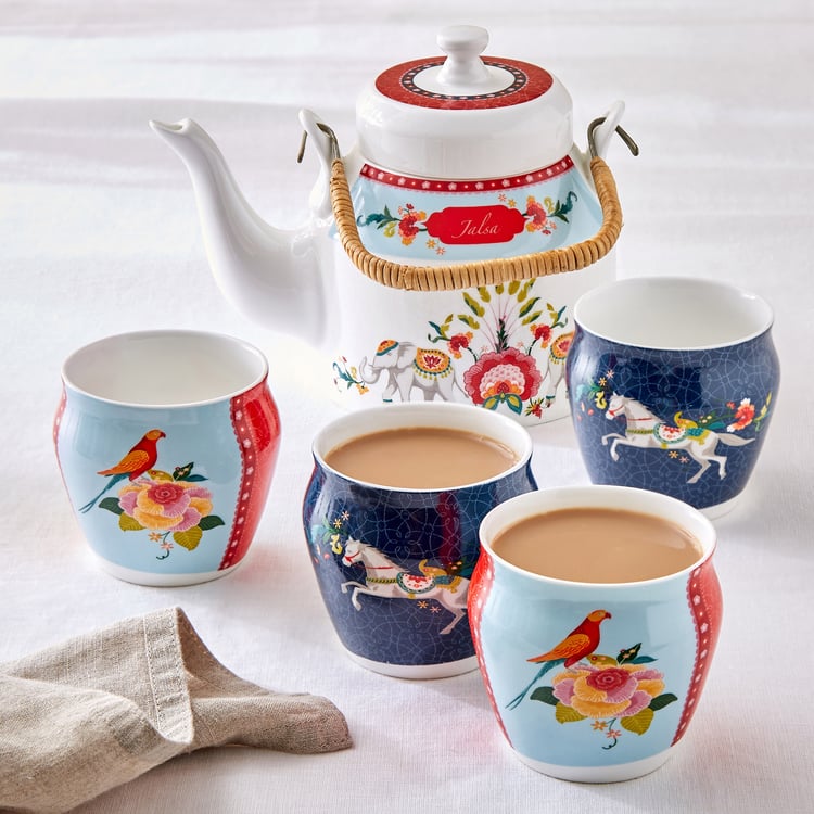 Jalsa Set of 4 Bone China Printed Kulhads with Tea Pot - 210ml