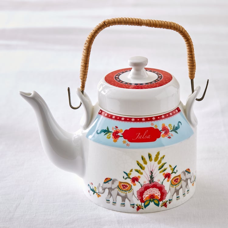 Jalsa Set of 4 Bone China Printed Kulhads with Tea Pot - 210ml