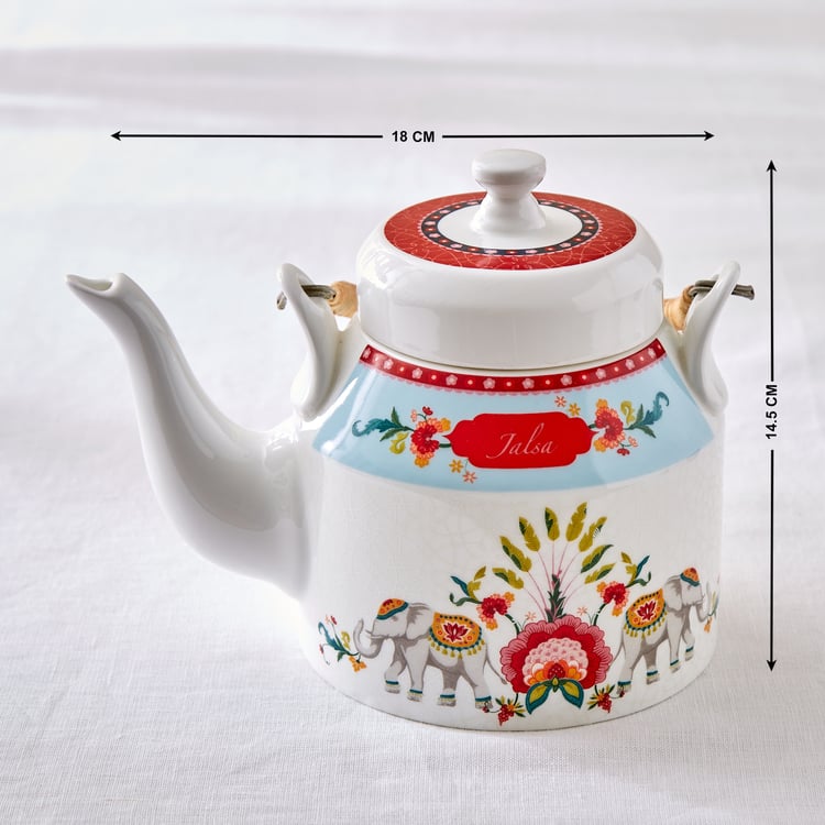 Jalsa Set of 4 Bone China Printed Kulhads with Tea Pot - 210ml