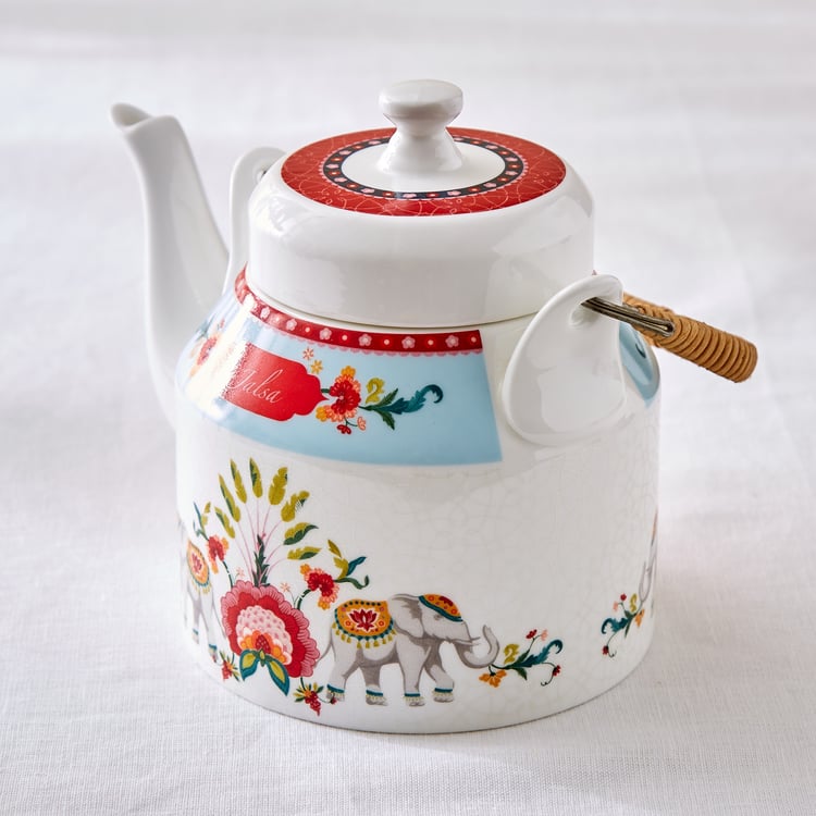 Jalsa Set of 4 Bone China Printed Kulhads with Tea Pot - 210ml