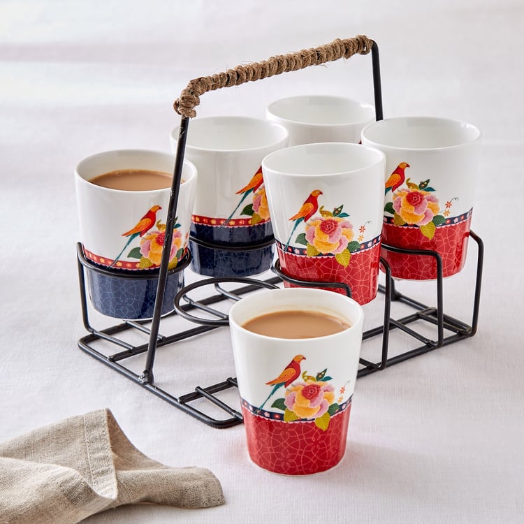 Jalsa 7Pcs Bone China Printed Cutting Chai Cups with Stand - 160ml