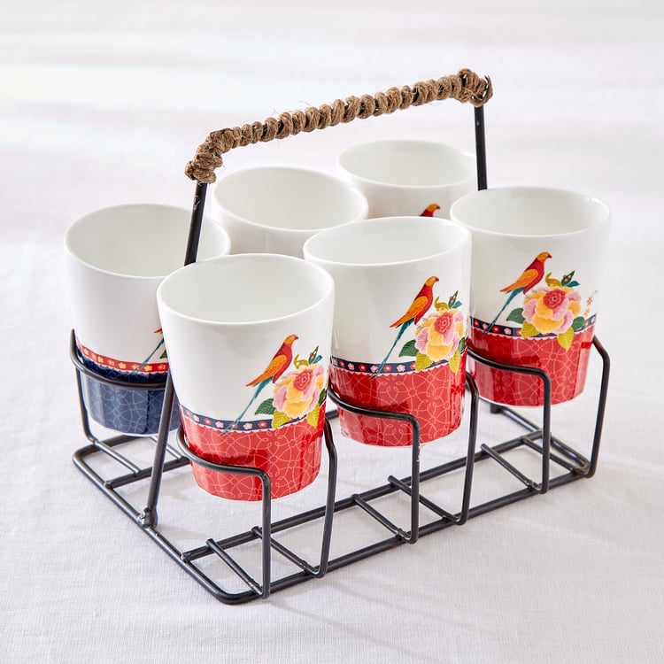 Jalsa 7Pcs Bone China Printed Cutting Chai Cups with Stand - 160ml
