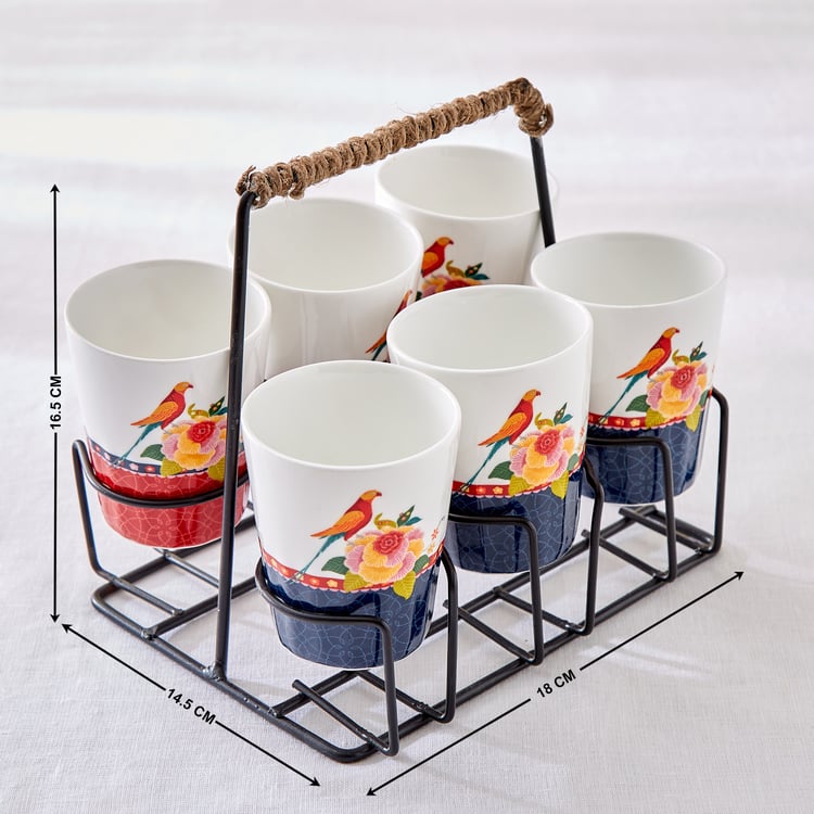 Jalsa 7Pcs Bone China Printed Cutting Chai Cups with Stand - 160ml