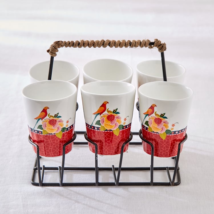 Jalsa 7Pcs Bone China Printed Cutting Chai Cups with Stand - 160ml