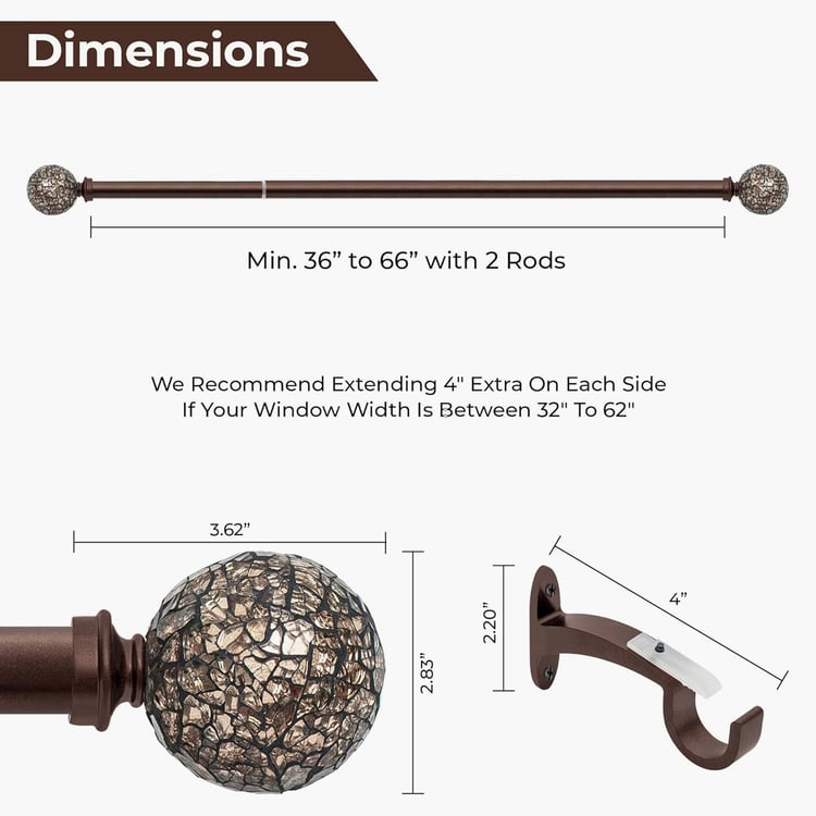 DECO WINDOW Premium Extendable Single Curtain Rod - 25mm, Mosaic Brown (36-66in)