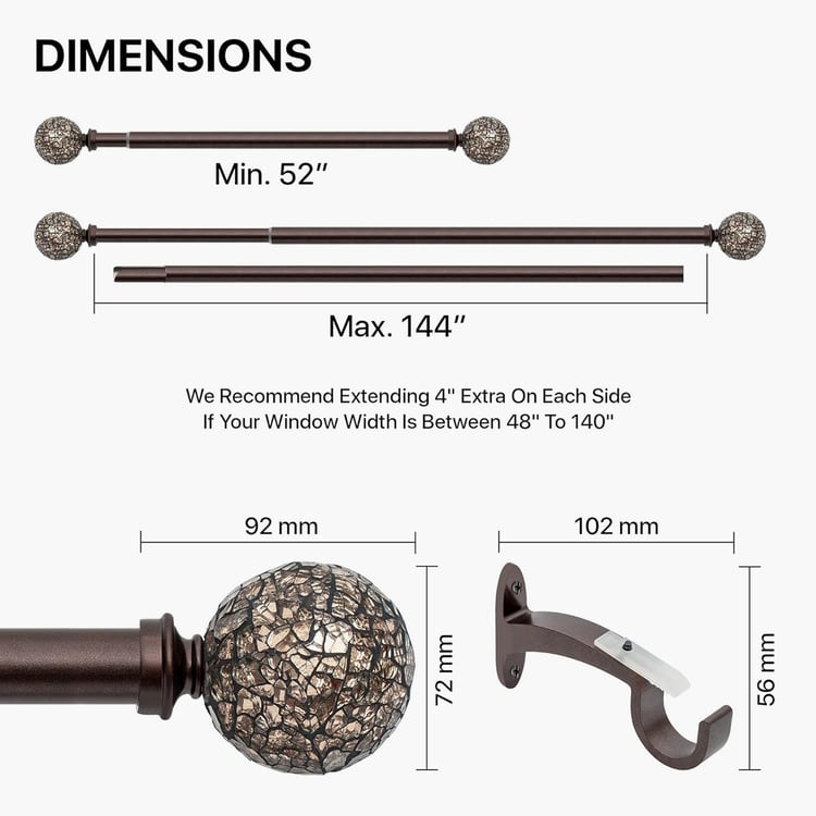 DECO WINDOW Premium Extendable Single Curtain Rod - 25mm, Brown (52-144in)