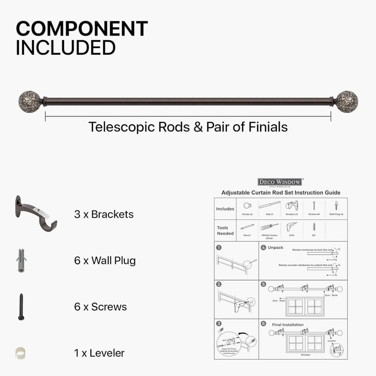 DECO WINDOW Premium Extendable Single Curtain Rod - 25mm, Brown (52-144in)
