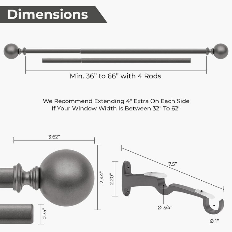 DECO WINDOW Premium Extendable Double Curtain Rod - 19mm, Grey (36-66in)