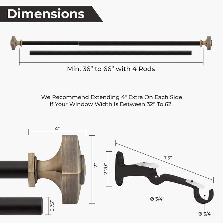 DECO WINDOW Premium Extendable Double Curtain Rods - 19mm, Antique Brass (36-66in)