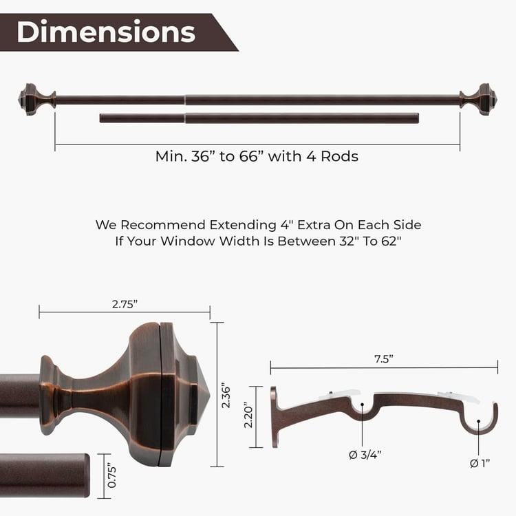 DECO WINDOW Premium Extendable Double Curtain Rods - 19mm, Brown (36-66in)