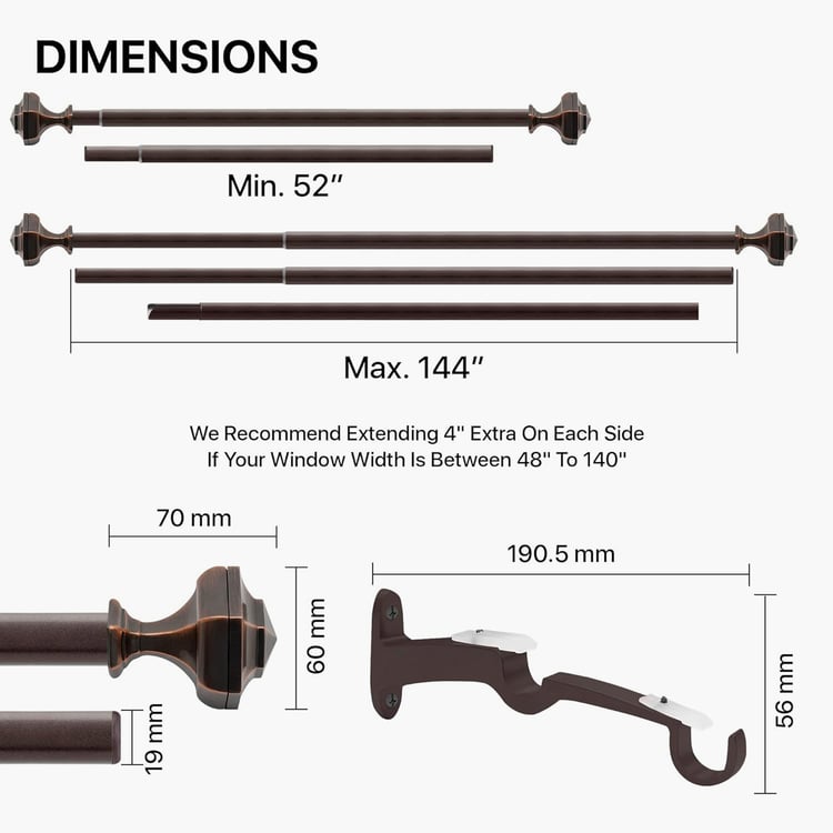 DECO WINDOW Premium Extendable Double Curtain Rods - 19mm,  Brown (52-144in)