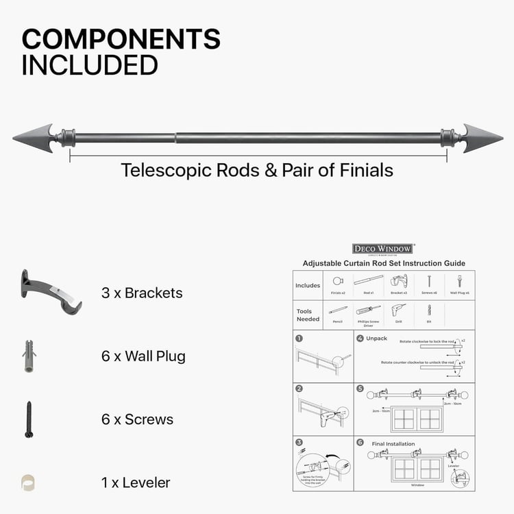 DECO WINDOW Premium Extendable Single Curtain Rod - 19m, Charcoal (36-66in)