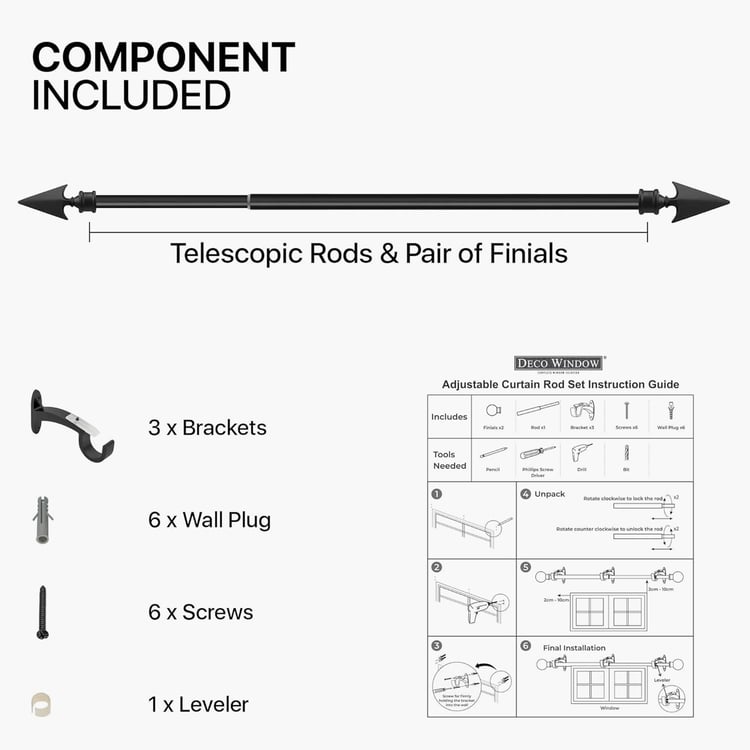DECO WINDOW Premium Extendable Single Curtain Rod -19mm, Black Matt (66-120in)