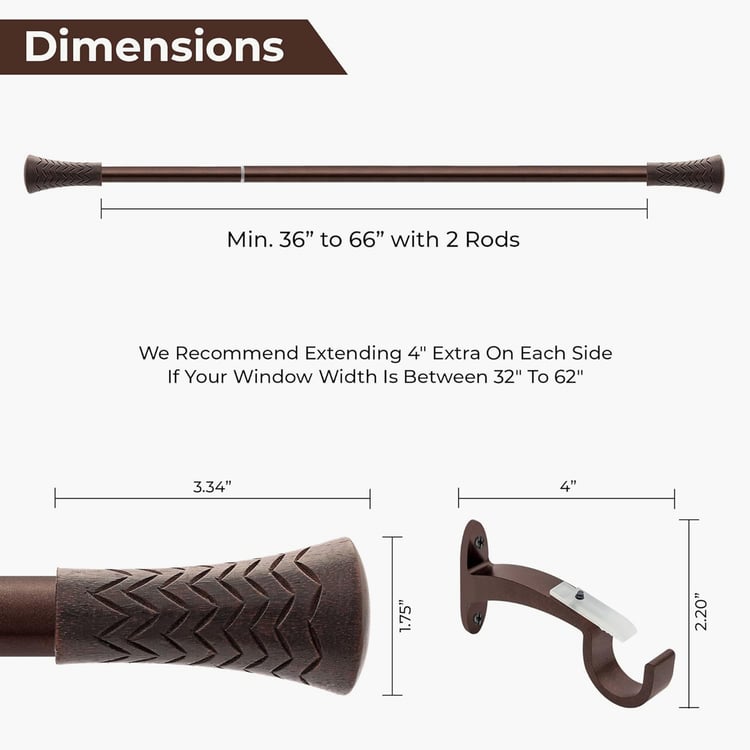 DECO WINDOW Premium Extendable Single Curtain Rod - 19mm, Brown (36-66in)