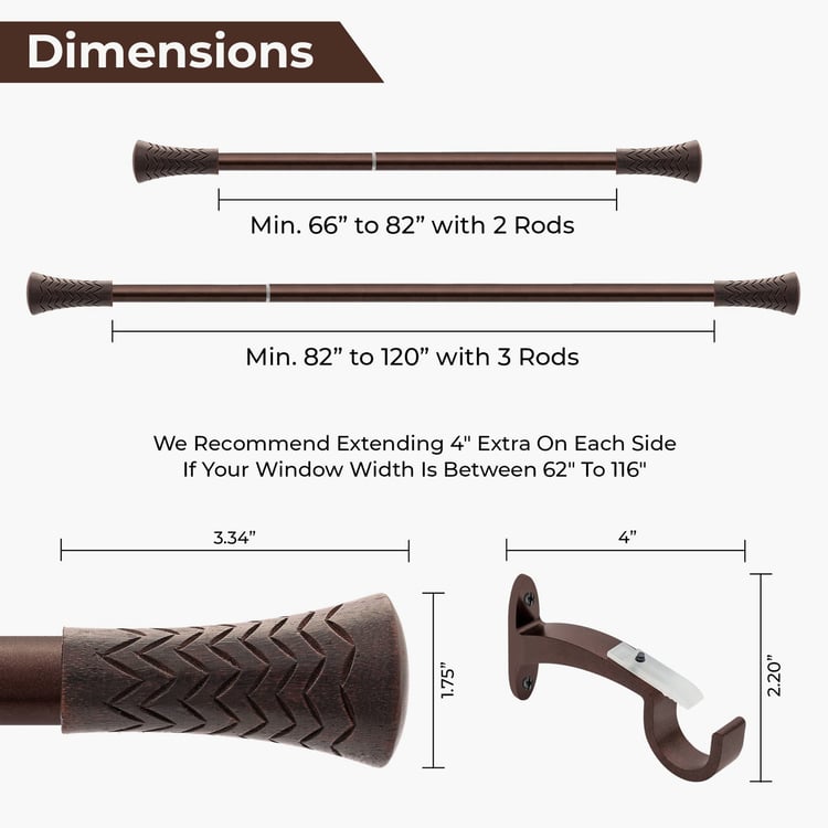 DECO WINDOW Premium Extendable Single Curtain Rod - 19mm, Brown (66-120in)