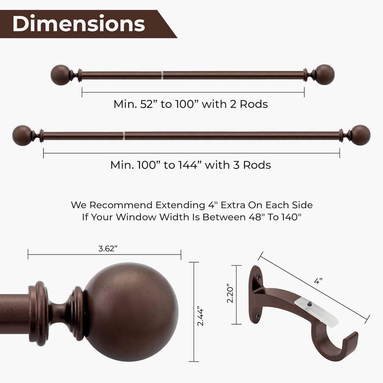 DECO WINDOW Premium Extendable Single Curtain Rod - 25mm, Brown (52-144in)