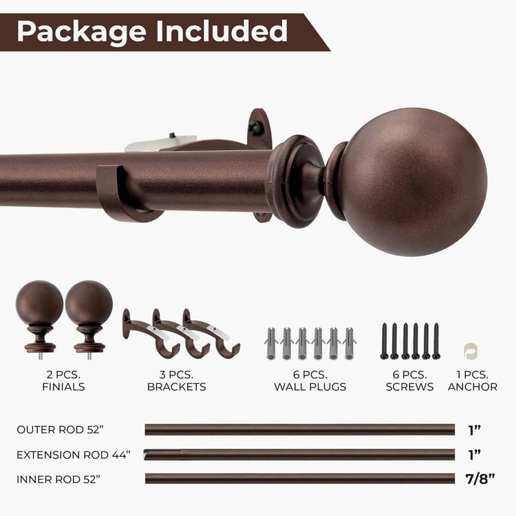 DECO WINDOW Premium Extendable Single Curtain Rod - 25mm, Brown (52-144in)