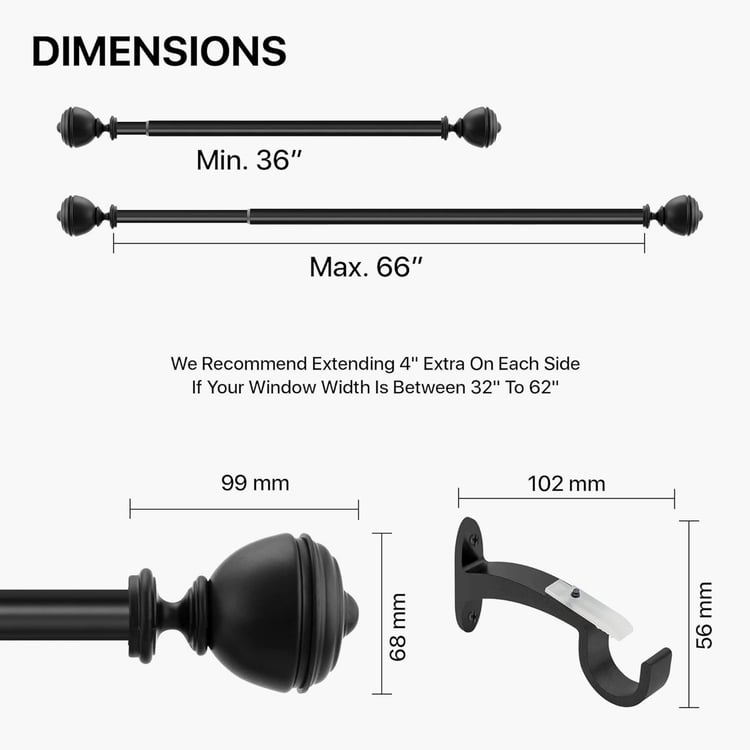 DECO WINDOW Premium Extendable Single Curtain Rod - 25mm, Black (36-66in)